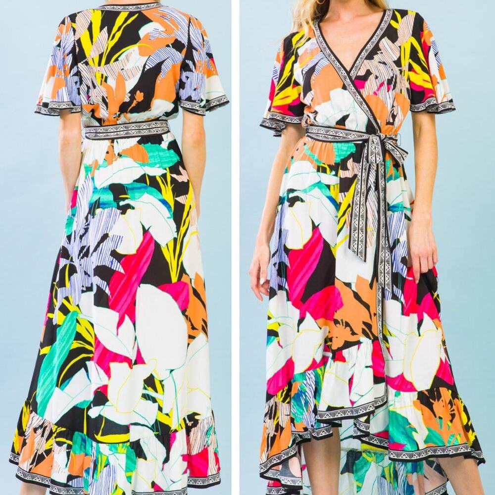 Flying Tomato Take Me Dancing Midi Dress Small Tropical Faux Wrap Colorful Vneck